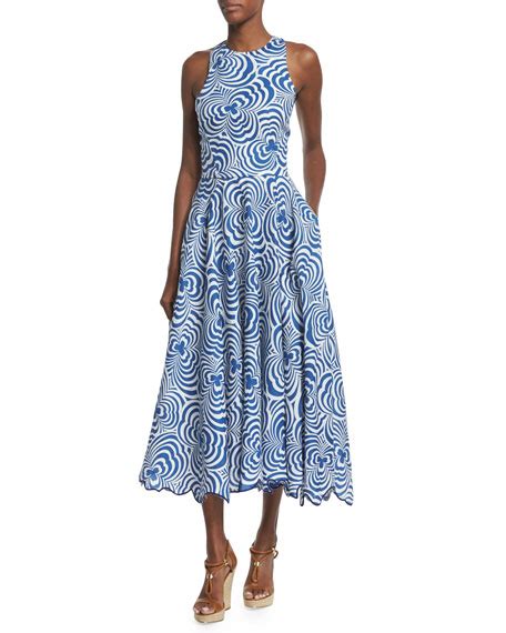 Ralph Lauren Collection Raquel Swirl-Print Linen Dance Dress, Navy/Natural White | Neiman Marcus