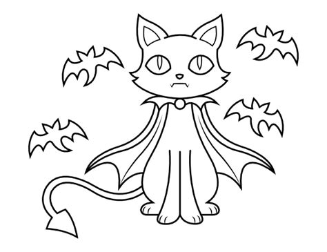 Printable Halloween Cat and Bats Coloring Page