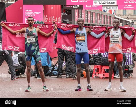 London, UK. 23rd Apr, 2023. The three winner of the Men London Marathon ...