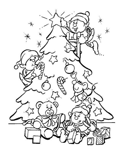 Christmas tree with elves - Christmas Coloring pages for kids to print & color