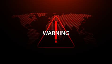 Abstract red warning symbol on world map background for warning disaster or cyber defense threat ...