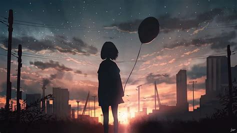 Anime girl, back view, balloon, sunset, buildings, sky, Anime, HD wallpaper | Peakpx