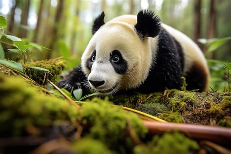 Panda gigante comiendo bambú en un bosque de bambú | Foto Premium