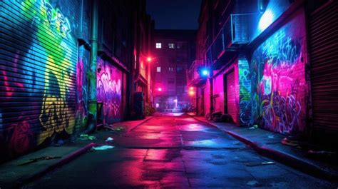 Premium Photo | A photo of a neonlit alleyway graffiti backdrop