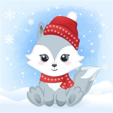 Premium Vector | Cute baby fox and snow winter background