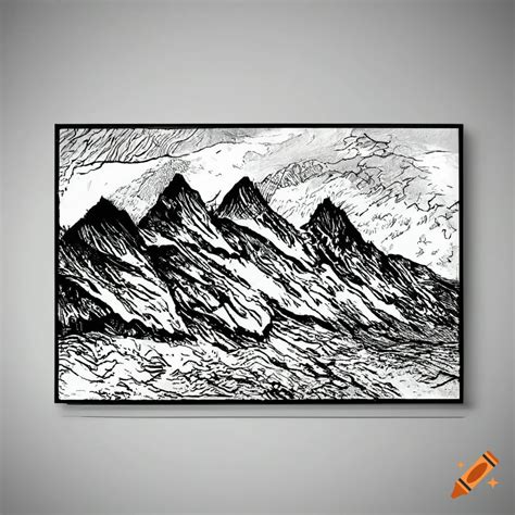 Black and white line drawing of mountain range on Craiyon