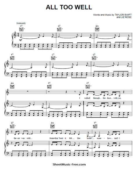 All Too Well Taylor Swift Piano Sheet Music