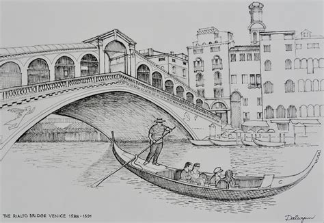 The Rialto Bridge over the Grand Canal in Venice, Italy. Freehand ink ...