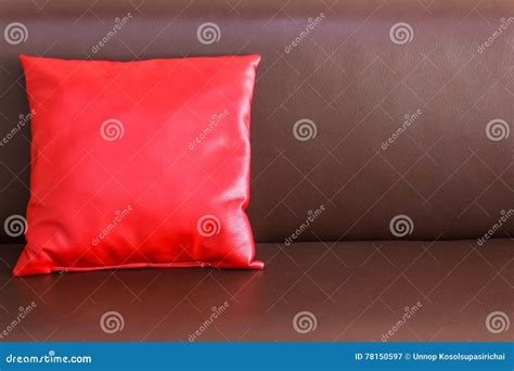 One Red Pillow on the Brown Leather Sofa Stock Image - Image of clean, furniture: 78150597