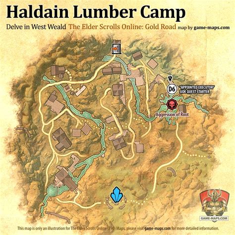 ESO Haldain Lumber Camp Delve Map with Skyshard and Boss location in West Weald (Gold Road)