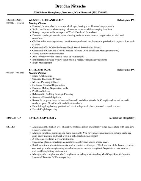 Meeting Planner Resume Samples | Velvet Jobs