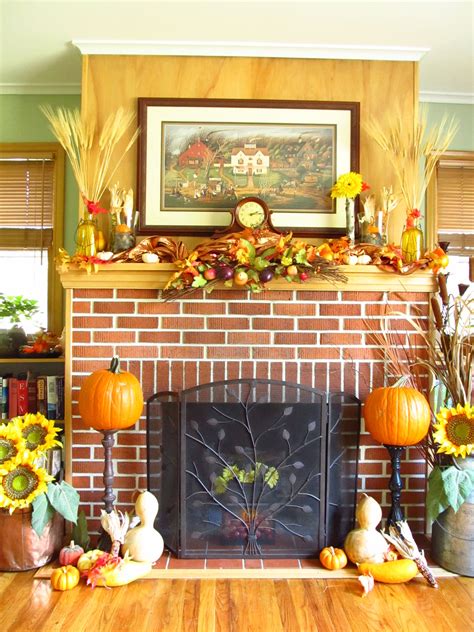 Fall - Autumn - Fireplace decor with pumpkins, wheat, sunflowers for Fall | Corner fireplace ...