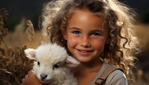 Premium AI Image | Cute child smiling with pets enjoying childhood in ...