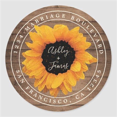 Radiant Sunflower Rustic Wedding Return Address Classic Round Sticker Wedding Envelopes, Wedding ...
