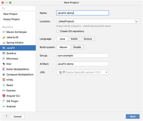 Create a new JavaFX project | IntelliJ IDEA