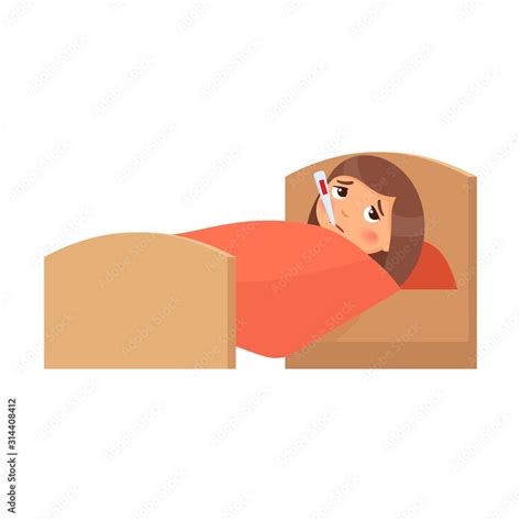 Sick girl with thermometer in bed flat vector illustration. Child with ...