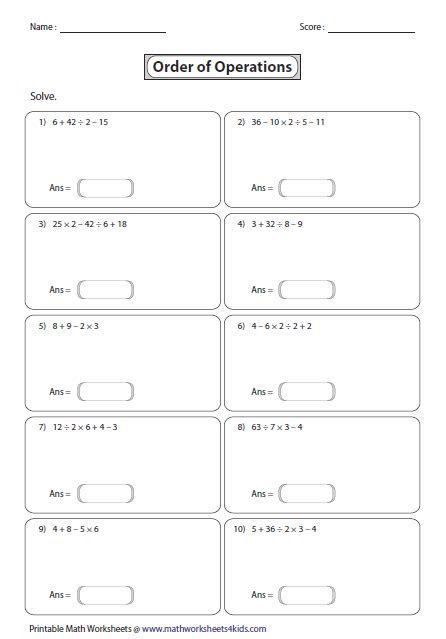 Order of Operations Worksheets