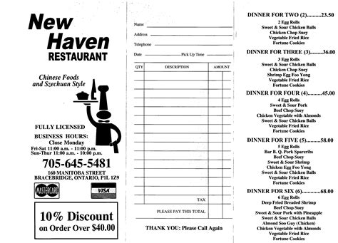 Menu at New Haven Restaurant, Bracebridge