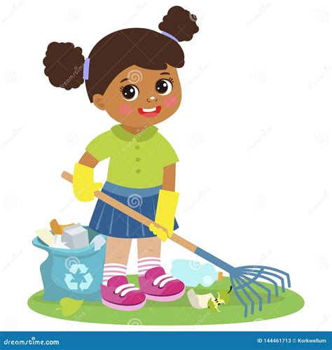 Cartoon Girl Cleaning and Raking Garbage Vector. Contributing into Environment Preservation ...