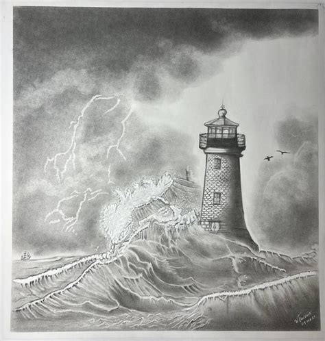 Lighthouse During Storm Drawing by Willy Fournier | Saatchi Art