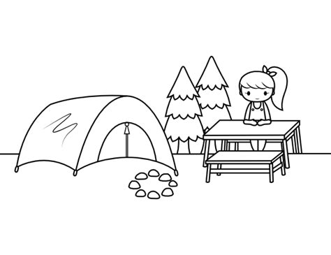 Printable Camping Girl and Picnic Table Coloring Page