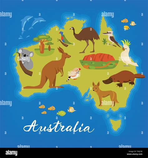 Australia map with cute animals. Vector poster with Australia map. Australian animals Stock ...