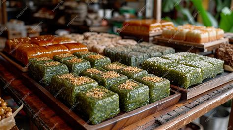 Premium Photo | Indonesian Kue Lumpang green rice flour cakes at a local bakery