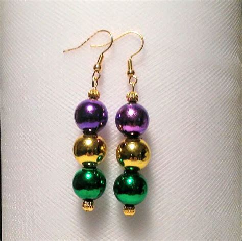 Long Mardi Gras Bead Earrings in Purple Gold and Green Acrylic - Etsy ...