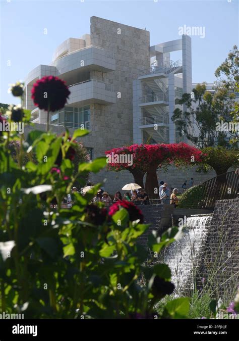 Getty Center Exhibitions Pavilion, waterfall and bougainvillea trellis ...