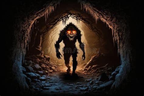 Skeletal Werewolf Emerges from Dark Cave, Its Eyes Glowing in the Darkness Stock Photo - Image ...