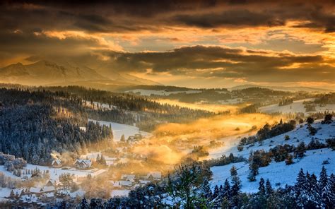 nature, Landscape, Winter, Sunset, Forest, Mountain, Clouds, Snow, Sky ...