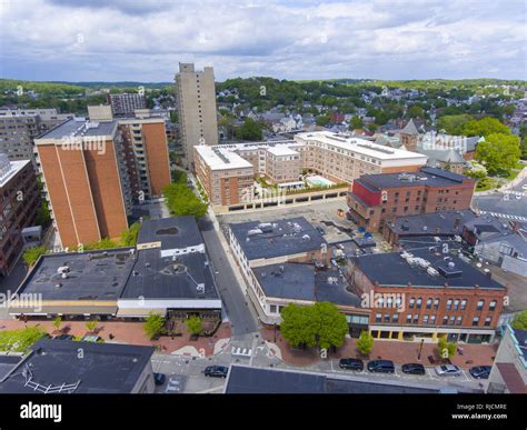 Malden city aerial view on Centre Street in downtown Malden ...