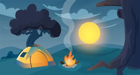 Premium Vector | Camping by night summer camp in forest with bonfire and tent at night. vector ...