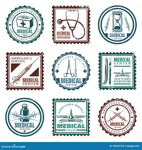 Vintage Colored Medical Stamps Set Stock Vector - Illustration of isolated, medicine: 106963758