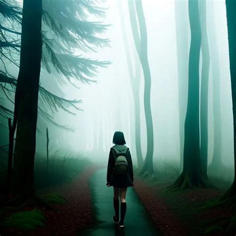 A teenage girl walking in creepy forest at morning,... | OpenArt