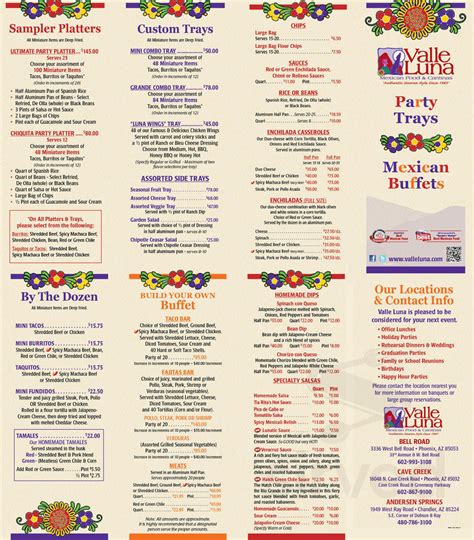 Valle Luna menu in Chandler, Arizona, USA