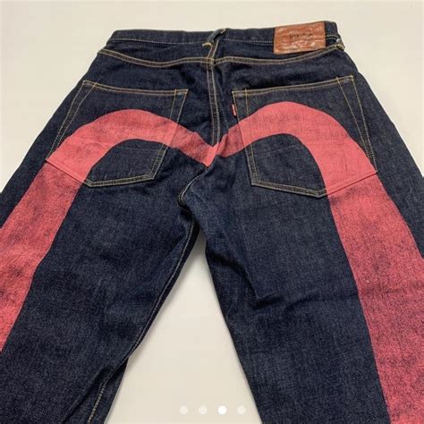 Evisu Men's Navy and Pink Jeans | Depop