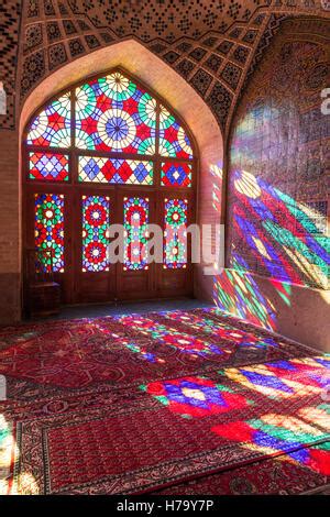 Stained glass window of Nasir Ol-Molk mosque, also famous as Pink Mosque in morning. Shiraz ...