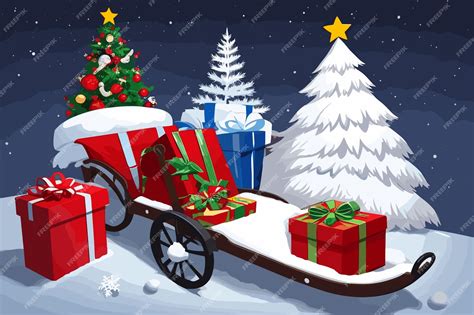 Premium Vector | A red wagon with a christmas tree and presents.