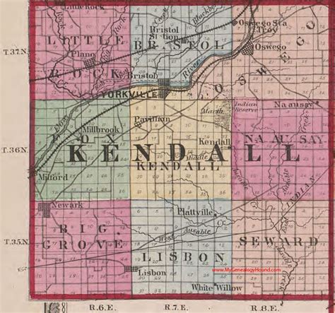 Kendall County, Illinois 1870 Map, Oswego | Kendall county, Genealogy map, County map