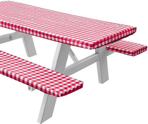 Vinyl Picnic Table and Bench Fitted Tablecloth Cover, Checkered Design, Flannel Backed Lining ...