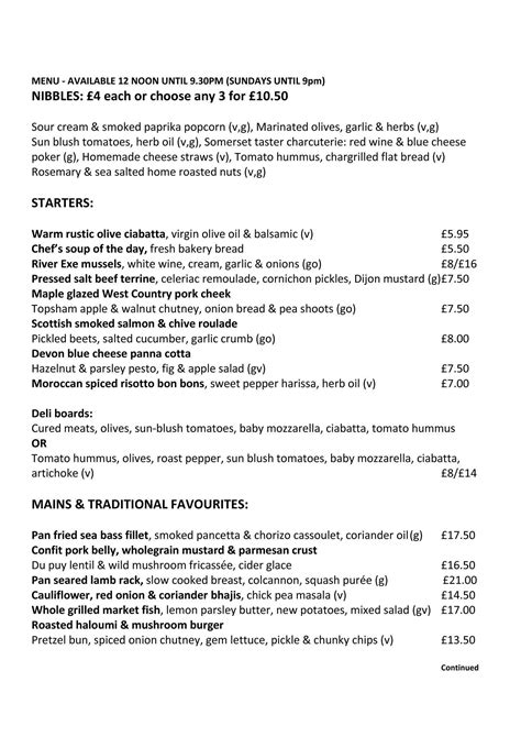 Menu at The Globe, Topsham pub & bar, Exeter