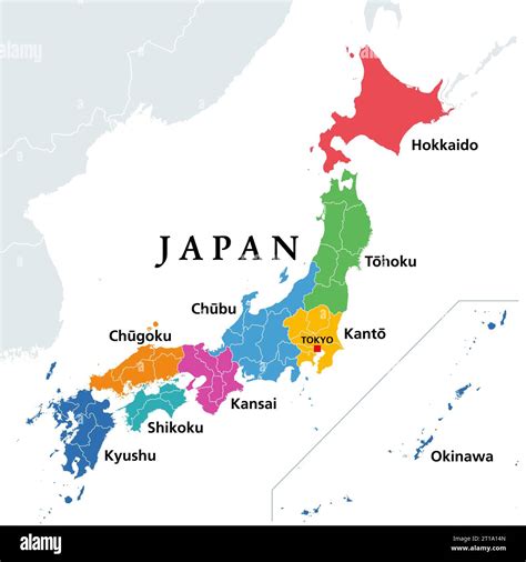 The eight regions of Japan, political map. Traditional units ...