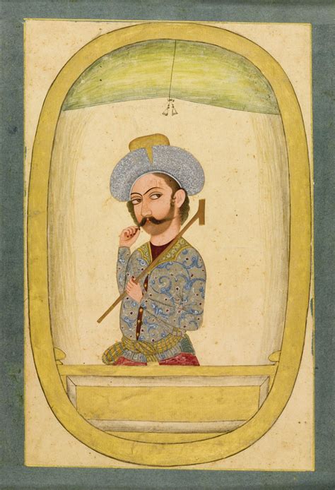 A portrait of a dandy, Bundi, circa 1750 gouache with gold on paper, mounted on an album leaf ...