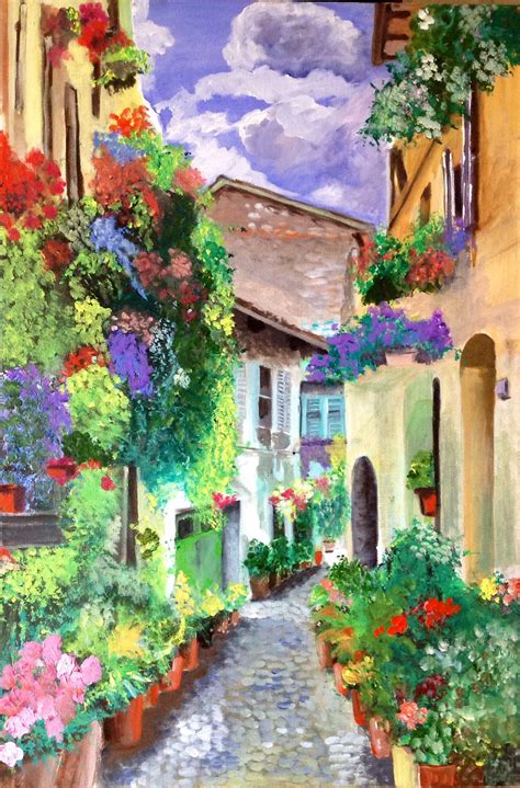 'Flowers'. Alley in Verona, Italy. Acrylic on canvas. By Sunjae Sharmah | Painting, Canvas ...