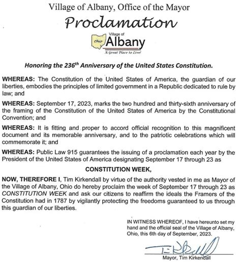 Proclamation Constitution Week 2023 – Village of Albany