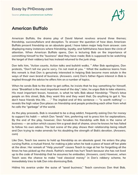 American Buffalo Analysis Essay Example - PHDessay.com