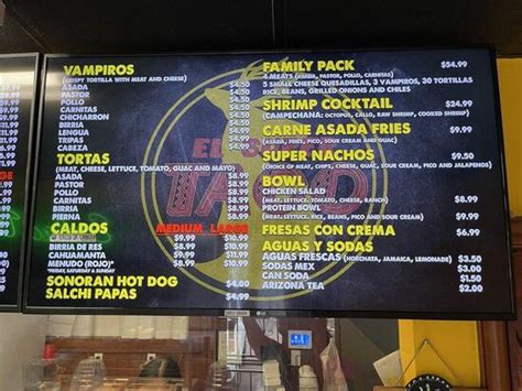 Menu at El Super Taco restaurant, Phoenix, N Cave Creek Rd