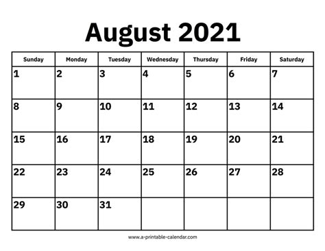 August 2021 Calendar - A Printable Calendar