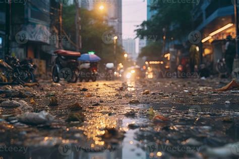 An attention-grabbing photo of a litter-filled street in a polluted ...